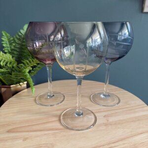 3 Cristal DArques Durand Etched Balloon Wine Goblets Blue Purple & Yellow France
